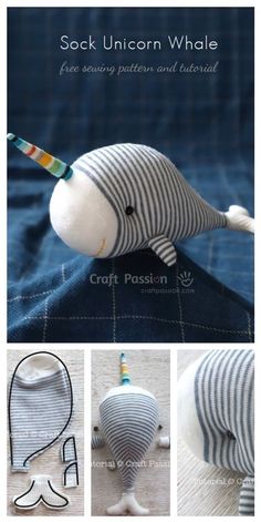 an animal made out of fabric with the words sock unicorn whale on it