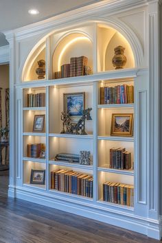 In Home Bookshelves, Built In Bookshelf With Bar, Living Room Units Built Ins, Home Decor Ideas Bookshelves, Wall To Wall Bookshelf Ideas, Bookcase On Slanted Wall, Built In Bookcase With Lights, Diy Wall Bookshelf Ideas, Vaulted Ceiling Built Ins Bookshelves