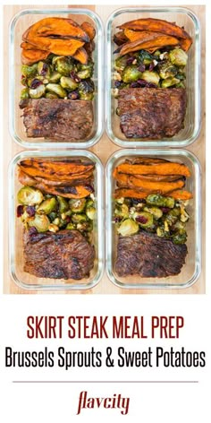 four glass containers filled with meat and vegetables