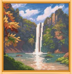 a cross stitch picture of a waterfall in the woods