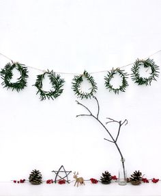 pine cones are arranged in the shape of wreaths on a string with needles and other decorations