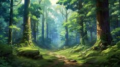 a painting of a forest with lots of trees and grass in the foreground is a dirt path