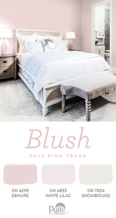 a bedroom with pink walls and white furniture in the background is an advertisement for blush paint