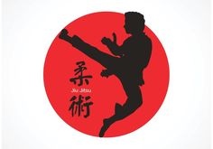 the silhouette of a man doing karate in front of a red circle with chinese characters