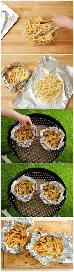 four different views of food being cooked on grills and in pans with foil