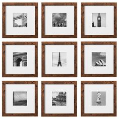 twelve black and white photographs hanging on a wall with wooden frames in front of the eiffel tower