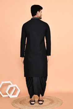 Black straight kurta with mirror embroidered buttis. Paired with black dhoti pant. - Aza Fashions Fitted Black Salwar Kameez With Mirror Work, Bollywood Style Black Designer Kurta, Black Mirror Work Sets For Eid, Fitted Black Straight Kurta Set, Black Fitted Straight Kurta Set, Black Fitted Traditional Churidar, Black Sets With Mirror Work For Eid, Black Churidar With Dabka For Diwali, Black Dabka Churidar For Festivals