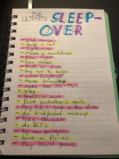 The ultimate sleepover list 
Purple,blue,yellow and pink highlighter with black pen Pinterest Sleepover Ideas, All Nighter Ideas With Times, Preppy Sleepover Ideas List, Couples Sleepover Ideas, Candy Sleepover Game, Sleepover Agenda, What To Do At A Sleepover With Your Bff, Ultimate Sleepover Ideas, Winter Sleepover Ideas