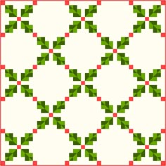 a green and red quilted design with squares in the center, on a white background