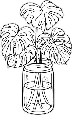 a jar with some plants in it on a white background, coloring pages for kids