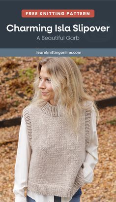 a woman wearing a sweater and jeans with text overlay that reads, free knitting pattern charming isle slipover