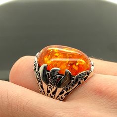 Man Amber Stone Ring, Turkısh Handmade Ring , Orange Amber Stone Ring , Ottoman Style Ring , 925k Sterling Silver Ring ★Item Details * Gender : Male / Female * Material : 925K Sterling Silver * Total weight : 11 Grams * Gemstone : Amber Stone ✔ Ready to Ship in 1-2 Business Days .. ✔ Shipped to the Worldwide 1-5 business days with free shipping... ✔ The product will be sent to you with a handmade wooden box to avoid any damage during shipping... ✔ Visit our store, browse other Men's jewelry, sil Handmade Wooden Boxes, Ottoman Styling, Amber Stone, Gold Collection, Men's Jewelry, Wooden Box, Stone Ring, Signet Ring, Handmade Wooden