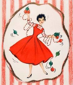 a drawing of a woman in a red dress with apples on her head and hands