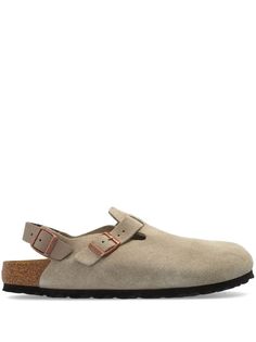 taupe suede debossed logo to the side round toe side buckle fastening buckle-fastening slingback strap branded leather insole flat rubber sole Suede Slip-on Sandals With Buckle Closure, Classic Suede Mules With Buckle Closure, Classic Suede Clogs With Buckle Closure, Balenciaga Track, Balenciaga Triple S, Slingback Sandal, Athletic Sneakers, Summer Beach Wear, Espadrille Shoes