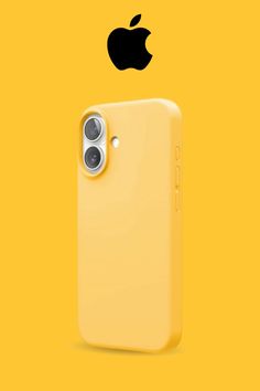 an apple phone is shown with the camera on it's back side, in front of a yellow background