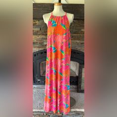 Gorgeous Maxi Dress From Trina Turk! Size Xl Halter Ties Behind Neck New With Tag Pink Sleeveless Maxi Dress Beach Cover-up, Pink Stretch Maxi Dress With Floral Print, Pink Stretch Maxi Dress For Summer, Pink Sleeveless Tropical Sundress, Pink Vibrant Print Dress For Beach Cover-up, Pink Stretch Dress For Vacation, Pink Stretch Maxi Dress For Vacation, Pink Sleeveless Maxi Dress For Beach, Spring Tropical Pink Maxi Dress