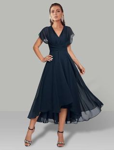 A-Line Blue Wedding Guest Dresses Convertible Infinity Mother Of The Bride Dress Formal Tea Length Sleeveless One Shoulder Chiffon with Ruched Formal Dress Midi, Long Sleeve Chiffon Maxi Dress, Blue Wedding Guest Dresses, Chiffon Cocktail Dress, Dresses Formal Elegant, Semi Formal Dress, Semi Formal Dresses, Mothers Dresses, Chiffon Long Sleeve