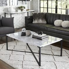 a living room with two couches and a coffee table in front of a window