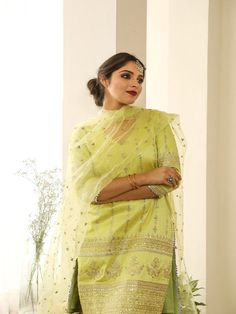 Beautiful Kurta set made in cotton silk. It has glorious golden embroidery all over paired with handcrafted organza dupatta. Color: Pistachio Green Fabric: Cotton Silk and Organza Note: Length and sizes can be customised Length - Kurta 40 inches Pants 38 inches Available in other colors If you happen to see some deformity in hand-work or fabric, that’s mere the technique of the same and not a defect. The garment is quite premium. The product will be delivered within 20-25 days of order placed Wa Silk Kurta Set, Golden Embroidery, Silk Kurta, Pistachio Green, Organza Dupatta, Hand Work, Kurta Set, Green Fabric, Best Deal