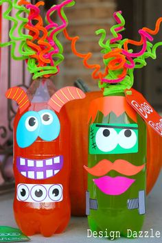 two plastic bottles with faces and mustaches painted on them, sitting next to each other