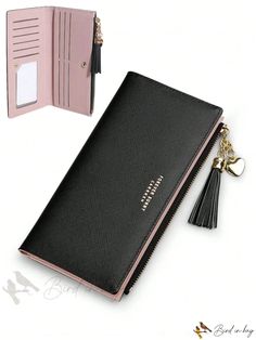 Bird in Bag - Black and Pink Womens Long Tail Wallet with Multiple Card Slots and Two Foldable Clips - PU Leather Fashionable Zippered Wallet Black Coin Purse With Mobile Phone Bag, Black Rectangular Wallet For Daily Use, Black Bifold Wallet For Daily Use, Black Wallets With Card Slots For Daily Use, Elegant Black Wallet With Mobile Phone Bag, Black Clutch Wallet With Mobile Phone Bag, Versatile Black Clutch With Cell Phone Pocket, Black Clutch With Interior Card Slots As Gift, Black Coin Purse Clutch With Interior Card Slots