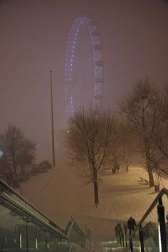 the ferris wheel is lit up at night in the snow covered city park, with people walking down the escalator