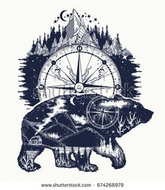 a bear with a compass on his head and mountains in the background, hand drawn illustration