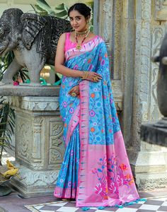 Type: Saree Saree Color: Sky Blue & Pink Blouse Color: Pink Saree Length: 5.5 Mtr Blouse Length: 0.80 Mtr Fabric: Paithani Silk Work: Zari Weaving Care Instruction: Hand Wash Product Code: 50477 Blue Silk Saree, Blue Saree, Kanjivaram Sarees, Saree Dress