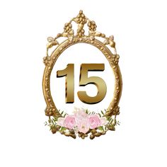 the number fifteen is surrounded by pink flowers and gold trimmings on a white background