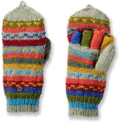 a pair of colorful mittens sitting on top of each other