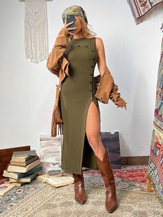 Army Green Sexy Collar Sleeveless Knitted Fabric Plain Tank Embellished High Stretch  Women Clothing Green Dress Outfit, Army Green Dress, Punk Dress, Mode Inspo, Clothing Styles, Boutique Dresses, Outfits Casuales, Button Detail, Comfy Outfits