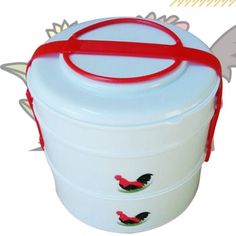 a white plastic container with red handles and two birds on it