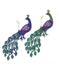 pair of peacock earrings with green and purple feathers