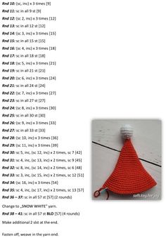 a crocheted red hat is shown with the instructions for it to sew