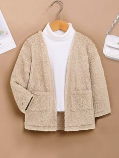 Damasco Casual Collar Manga Comprida Tecido Simples Pelúcia Embellished Não elástico  Roupas para meninas Teddy Coat, Toddler Girl Outfits, Toddler Girl, Long Sleeve, Fabric, Clothes