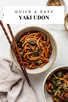 two bowls filled with noodles and vegetables next to chopsticks on a white surface