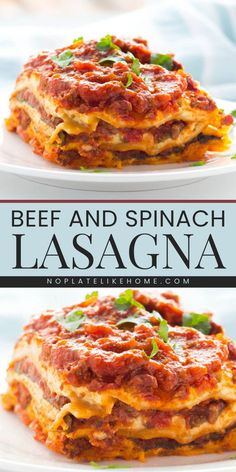 Here's the best comfort food recipe to make! This Beef and Spinach Lasagna recipe features no-boil lasagna with a meaty, cheesy, homemade meat sauce. Add this warm dinner idea to your easy pasta recipe! Spinach And Meat Lasagna, Lasagna Sauce Recipe, Easy Spinach Lasagna, Ground Beef And Spinach, Beef Lasagna Recipe, Homemade Meat Sauce, Easy Pasta Recipe, No Boil Lasagna, Beef Lasagna