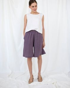 Linen Purple Culottes, Soft Loose Shorts, High Waist ShortsD E S C R I P T I O N- Loose, comfortable fit- Extensive leg (“skirt-short”)- An elastic waistband (medium high-waist)- Side seam pockets- The knee-lengthD E T A I L S- Name: ATHENS- Sizes: XS - XXL- Color: Mustard, Dusty peach, Salmon, Terracotta, Burgundy red, Cacao, Pine green, Chartreuse green, Milky white, Dusty Lavender, Light Grey, Mint, Sky blue, Blue, Deep blue, Striped grey, Grey, Charcoal grey, Black.- 100% European soft and w Summer Wide Leg Shorts With Built-in Shorts, Summer Capris With Built-in Shorts, Bohemian Relaxed Fit Shorts For Summer, Bohemian Summer Shorts With Relaxed Fit, Summer Bohemian Relaxed Fit Shorts, Summer Beach Capris With Pockets, Summer Vacation Capris With Elastic Waistband, Bohemian Knee-length Bottoms With Pockets, Summer Wide-leg Bottoms With Built-in Shorts