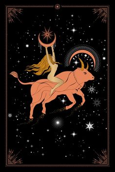 a woman riding on the back of a bull with stars in the sky behind her