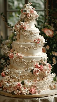 a wedding cake with pink flowers and pearls on the top is sitting on a table