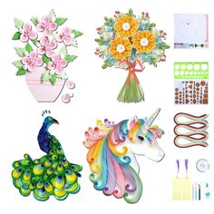 various items are displayed on a white background with flowers and peacocks in the foreground