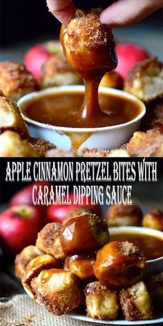 apple cinnamon pretzel bites with caramel dipping sauce are the perfect appetizer