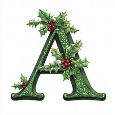 the letter a is decorated with holly and red berries