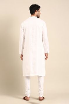 Ivory linen kurta with silver zari embroidery on the front yoke. Paired with a solid white pant. - Aza Fashions Elegant White Linen Kurta, Traditional Linen Wedding Wear, Kurta With Pants, Band Collar, White Pants, Pants Pattern, Full Sleeve, Aza Fashion, Mens Pants