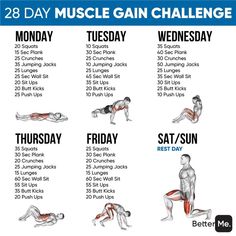 the 28 - day muscle gain challenge is shown in this graphic above it's image