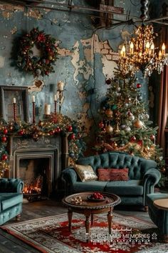 a living room decorated for christmas with blue couches and green chairs, gold wreaths on the wall