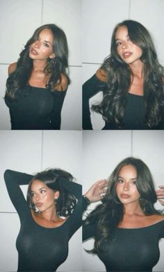 four pictures of a woman with long dark hair and wearing black clothing, posing in front of a white wall