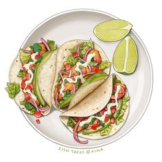 three tacos on a white plate with limes