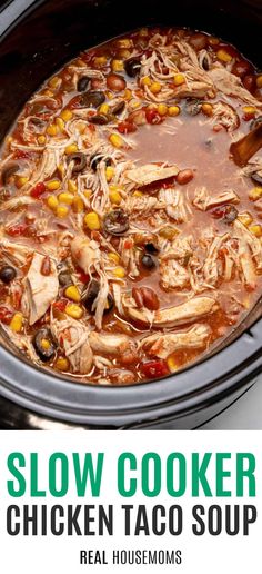 slow cooker chicken taco soup in a crock pot with text overlay