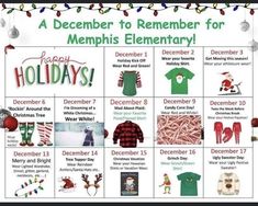 a calendar with christmas items on it and the words, december to november for memphis elementary